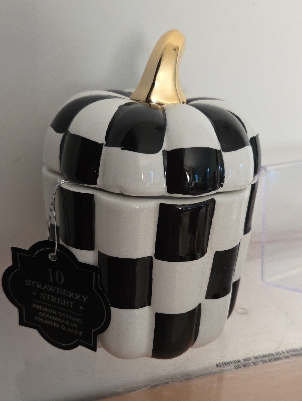 10 Strawberry Street Black & White Check Ceramic Pumpkin Jar with Gold Stem NWT